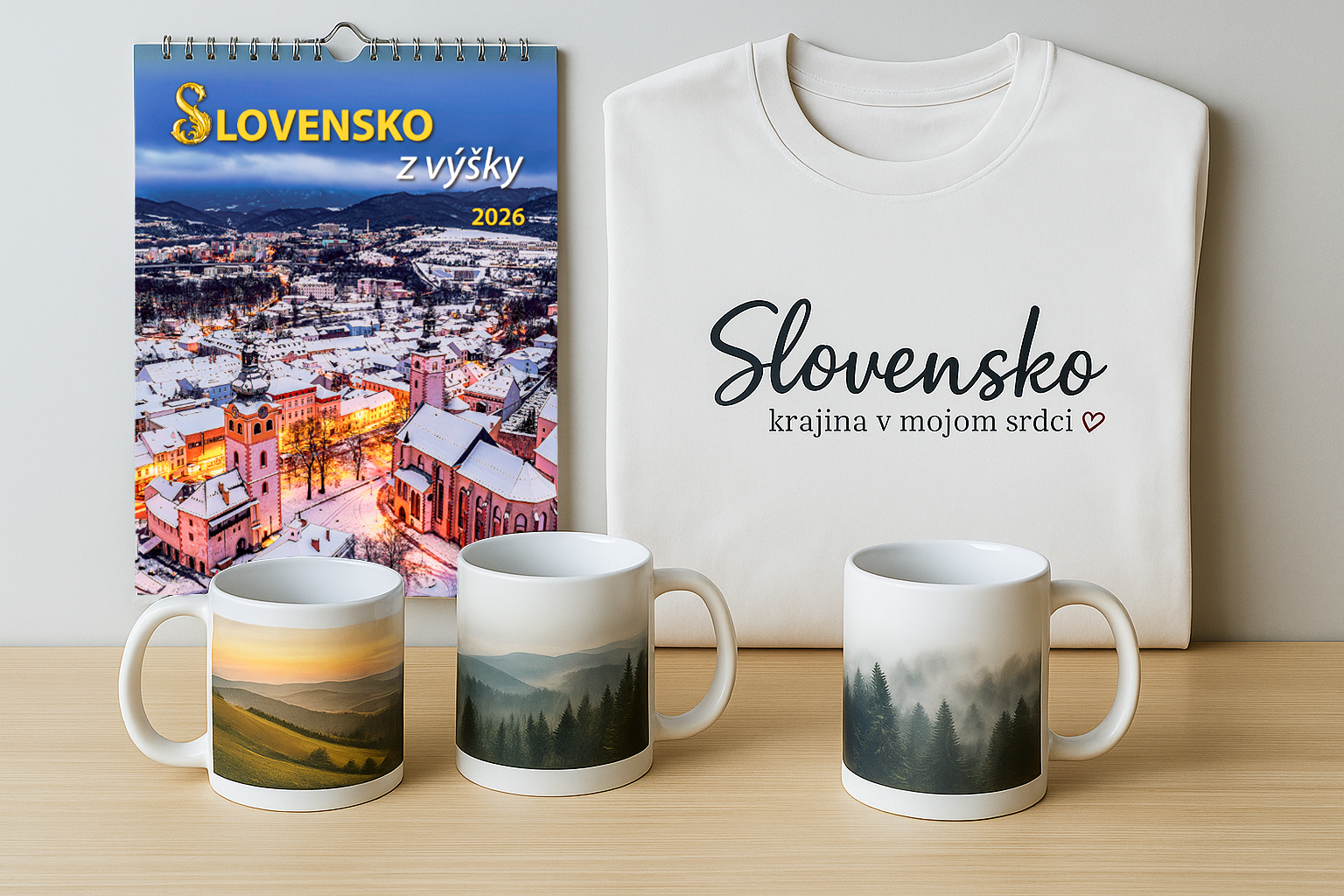 Darčekové a reklamné predmety Slovensko – kalendár, hrnčeky a tričko s motívom Slovensko z výšky a krajina v mojom srdci